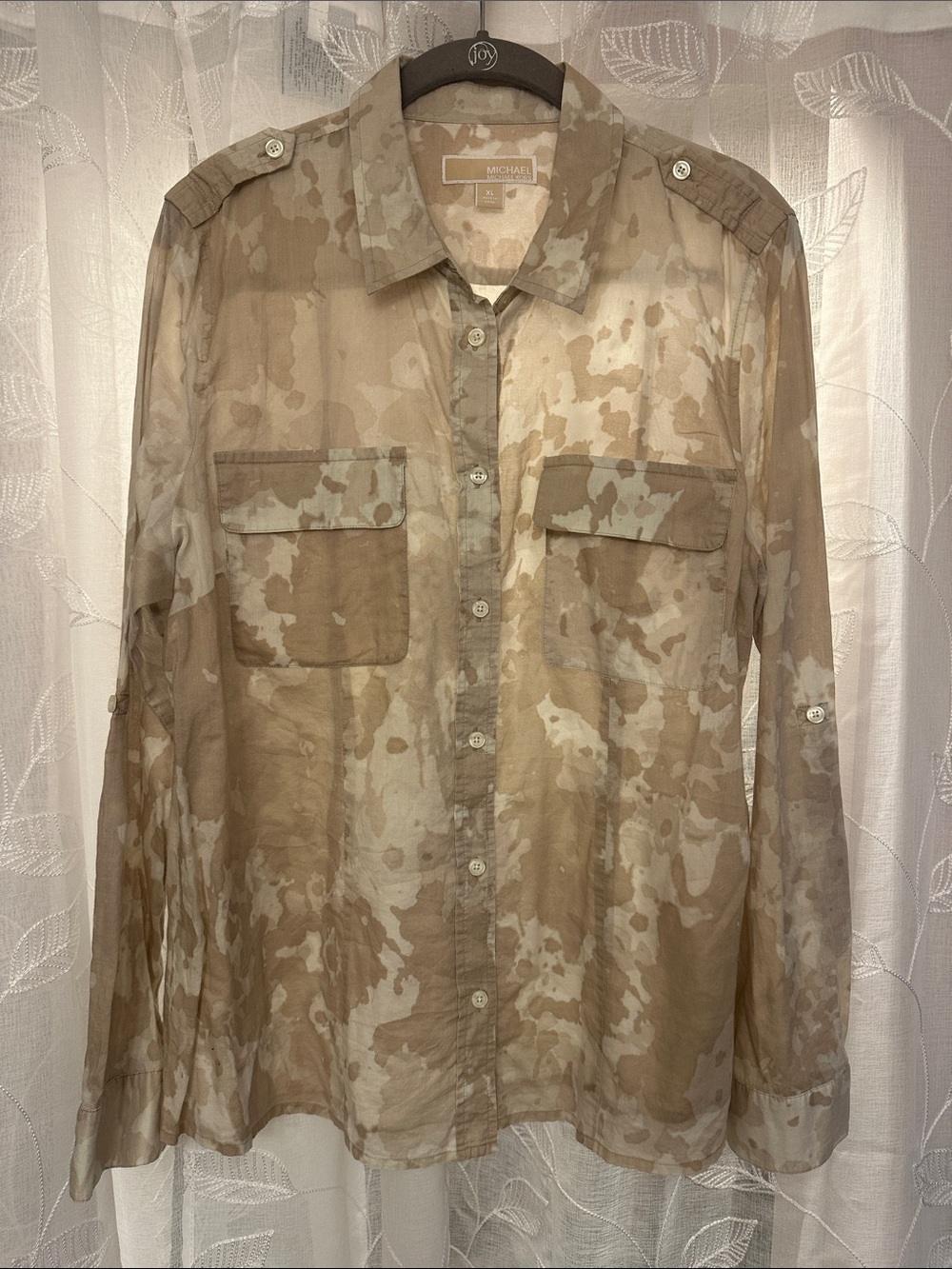 Michael Kors Women's Beige and Tan Camouflage Button-Down Shirt - Picture 2 of 5
